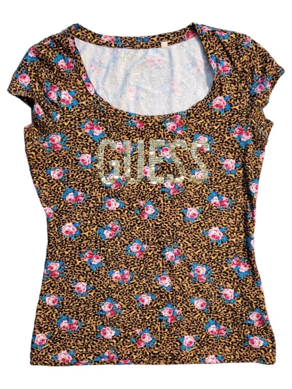 GUESS Short Sleeve Top Womens M Medium Leopard Floral Sequin Gold Logo T-Shirt